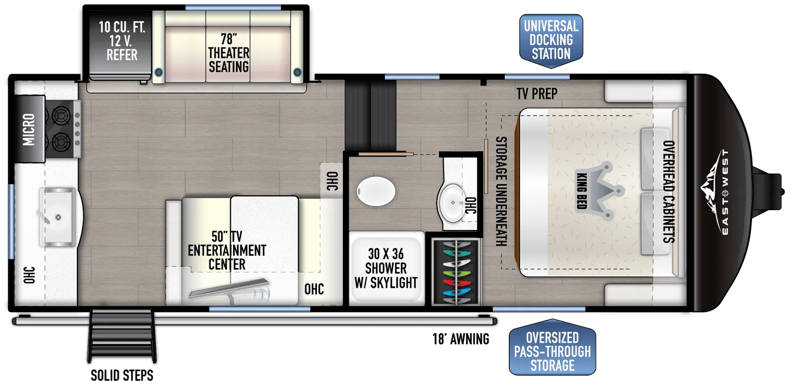 The 22RK has one slideout and one entry. Exterior features an oversized pass through storage, universal docking station, MORryde Steps, 18 foot awning, and 2 inch towing hitch. Interior layout front to back: foot-facing king bed with storage underneath, overhead cabinets, off-door side TV prep, and door side closet; door side full bathroom with overhead cabinet and shower with skylight; steps down to main living area; off-door side slideout with theater seating and 12V refrigerator; door side dinette with overhead cabinet, entertainment center with TV, shoe storage, and entry; rear kitchen counter with wink, overhead cabinet, microwave, and cooktop.